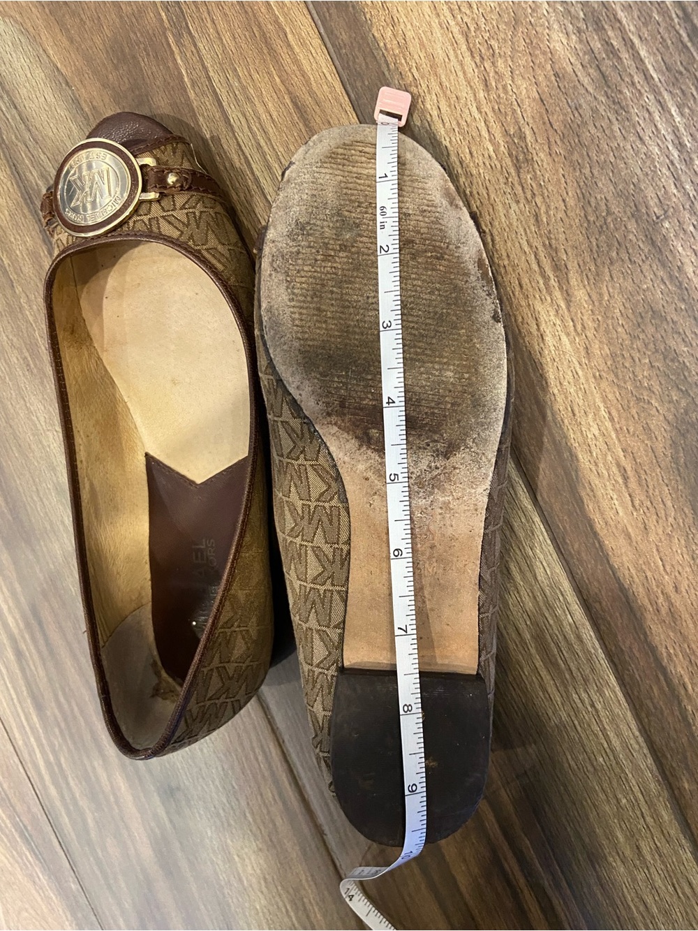 Michael Kors Brown Logo Open-Toe Ballet Flats with Gold Medallion - Picture 8 of 9